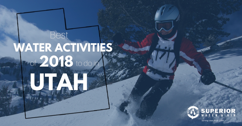 A person skiing with the text "Best Water Activities of 2018 to do in Utah."